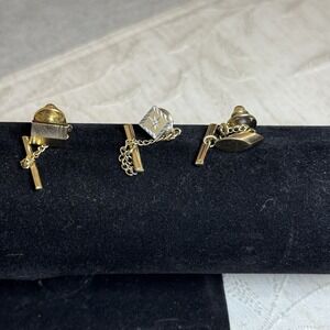 Men's 3‎ Piece See Of Gold Toned Tie Tacks With Chain
